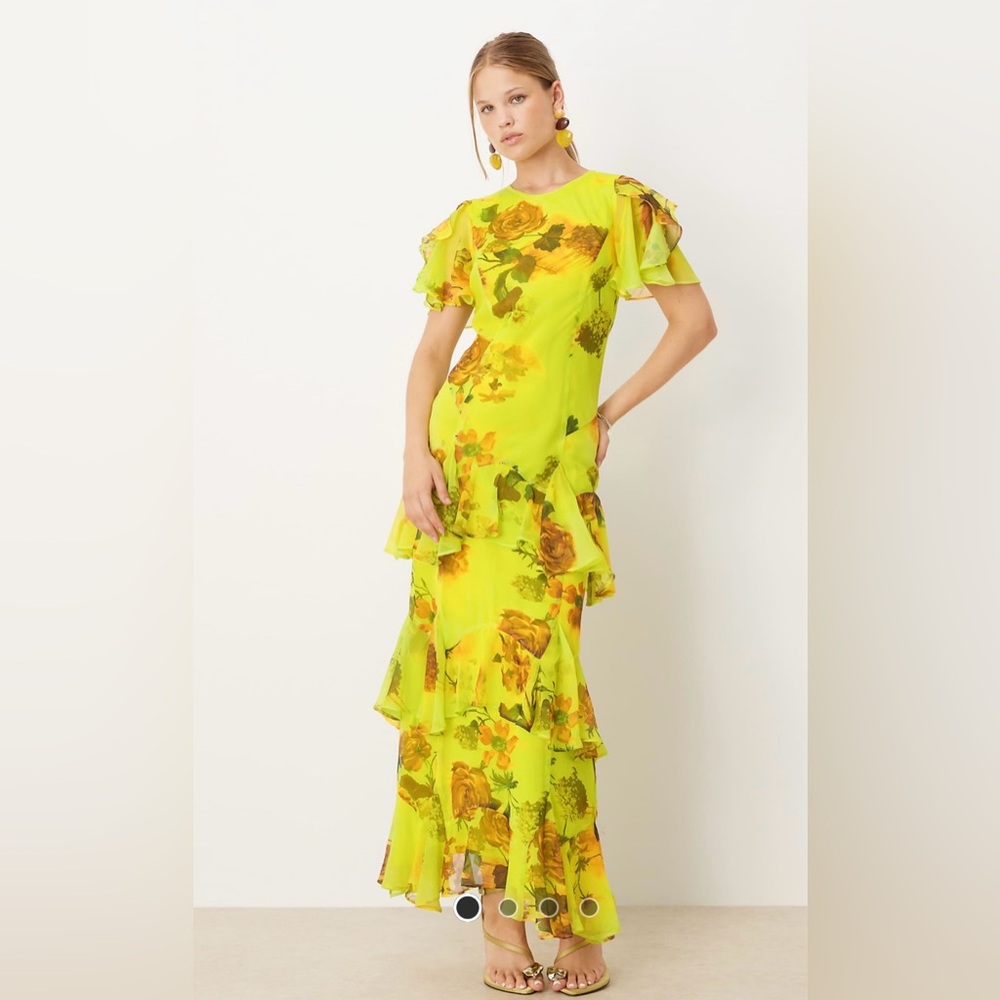 ASOS DESIGN Ruffle Chiffon Maxi Dress in Green Based Floral Print ✨